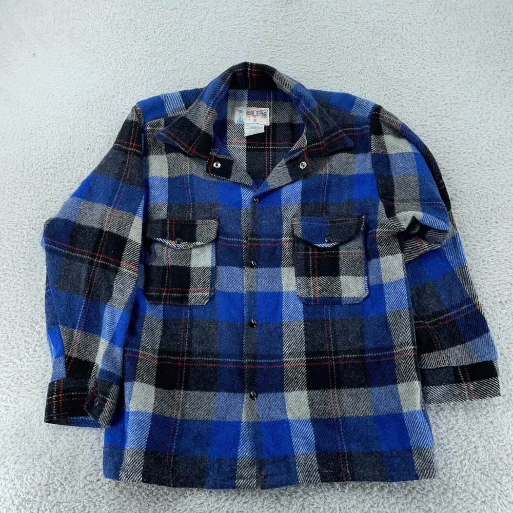 Vtg Big Bill Wool Blend Shirt Jacket Medium Blue Black Plaid Flannel Pear Snap